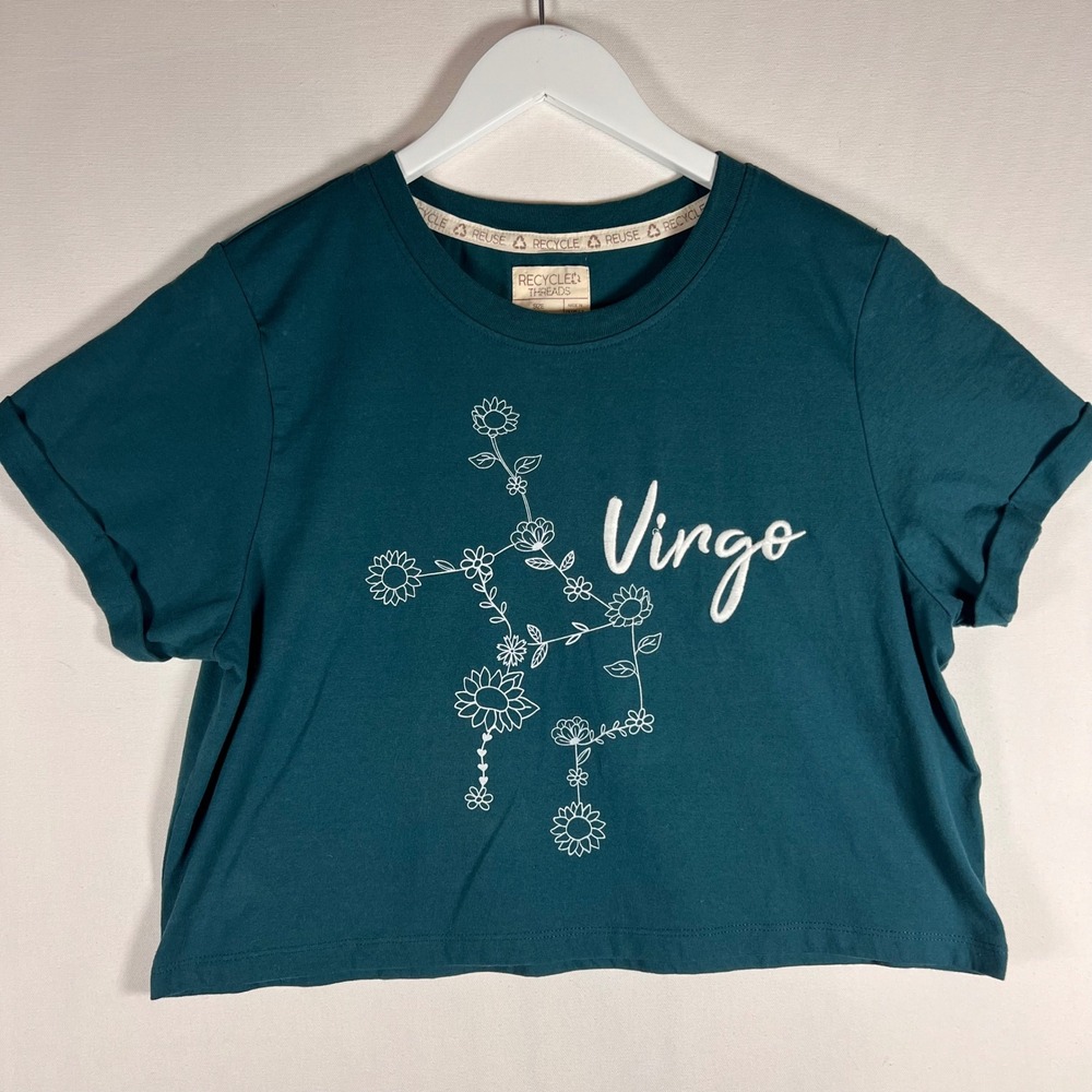 Recycled Threads Virgo Tee Womens Medium Cotton Teal Green Astrology Crop Top